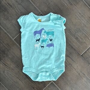 Carhartt Baby Onesie with various farm animals and their names. Size 6M